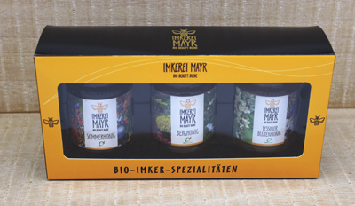 Edler Geschenkkarton mit 3 Sorten Schweizer Bio-Honig à 125g