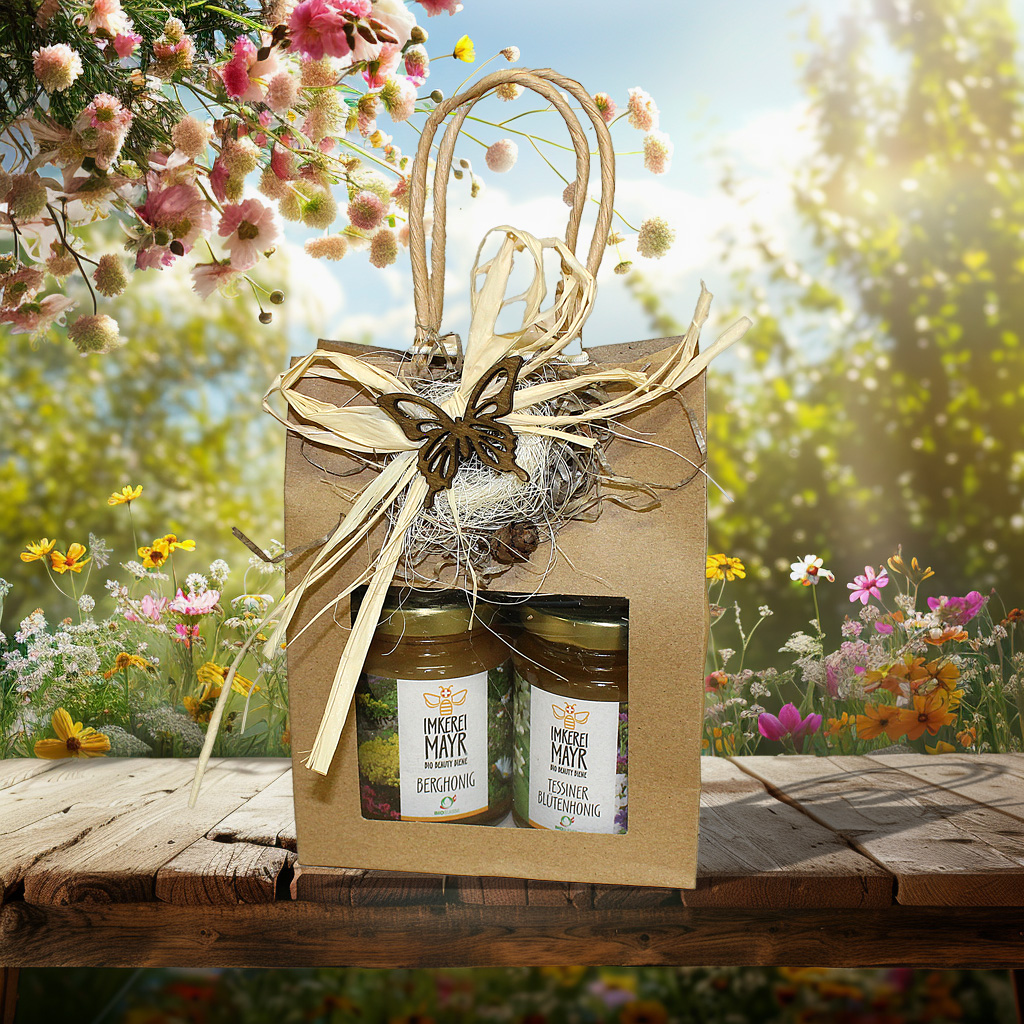 Geschenktasche mit 2x 125g Bio-Honig mit Naturdeko "Schmetterling"